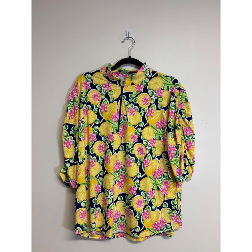 IBKUL 3/4 Sleeve 1/4 Zip Golf Pullover Navy Top‎ with Lemon Print, Women Sz XXL